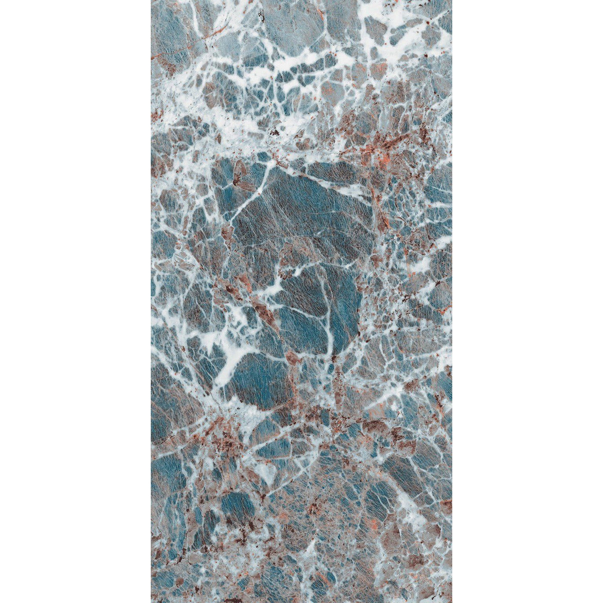 Amazon Azul 60 x 120cm luxurious blue and white marble surface with intricate veining and subtle reddish-brown streaks