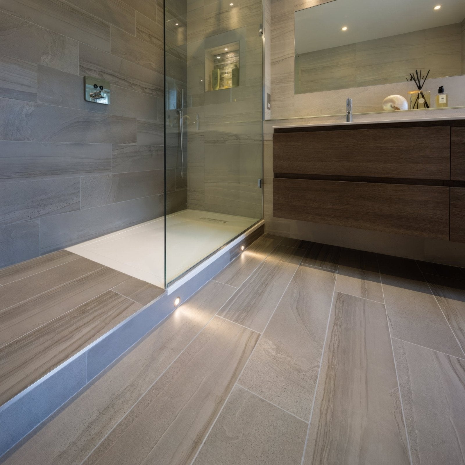 Modern bathroom floor tiles amelia grey polished rectified glazed porcelain with wood-grain texture in beige and gray tones