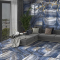 Ananas Blue 60 x 120cm ceramic floor tiles with glossy blue and white agate pattern for stylish flooring