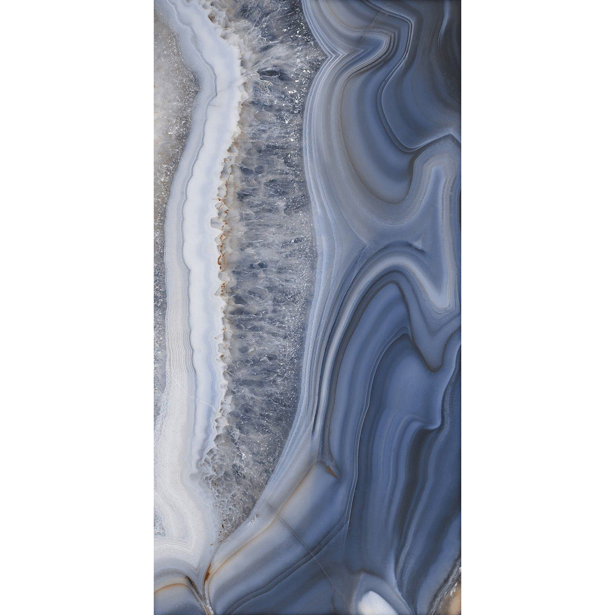 A vertical slice of blue and white agate with swirling layered patterns in ananas blue 60 x 120cm product