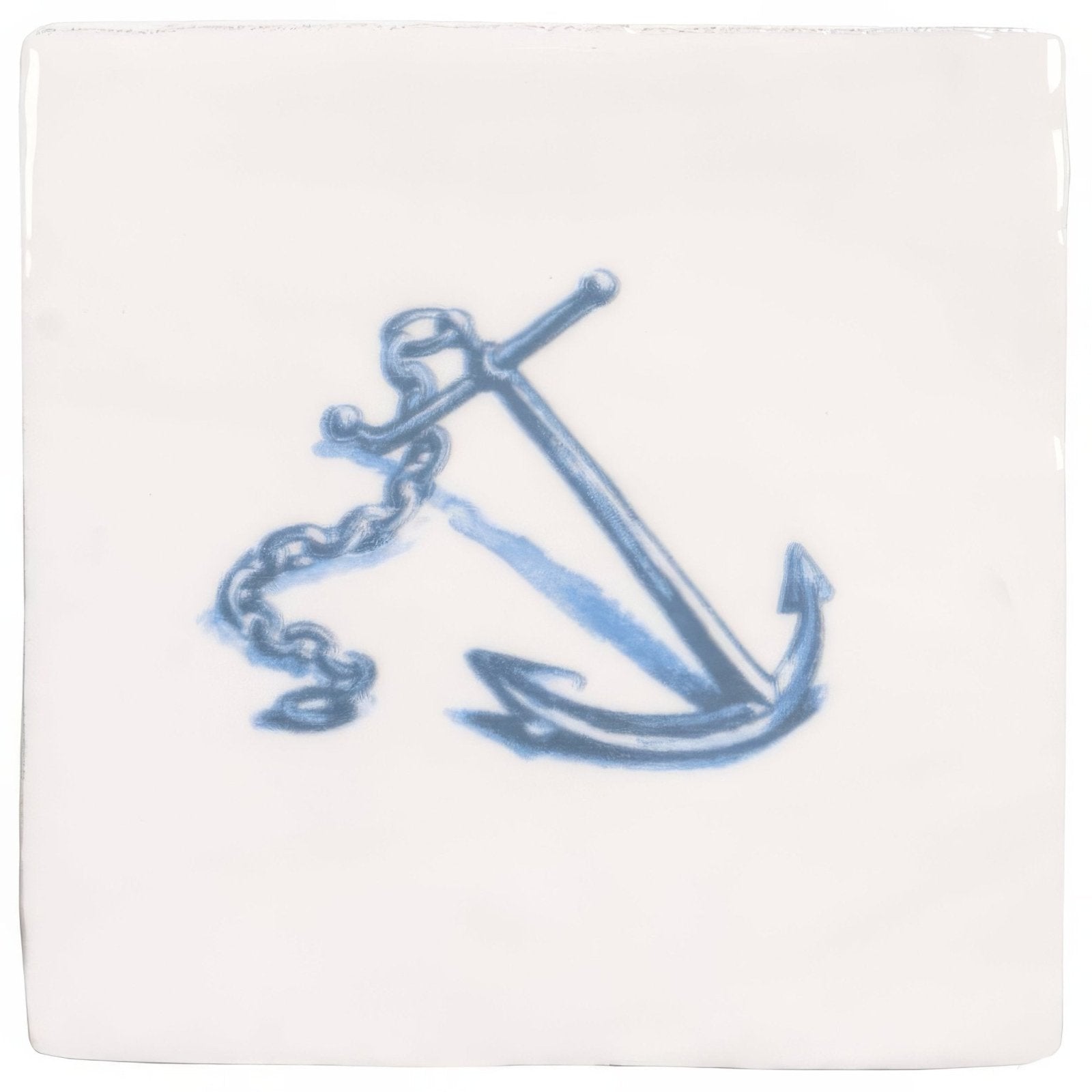 White ceramic coaster with a blue painted anchor and attached chain from anchor blue on cotton collection
