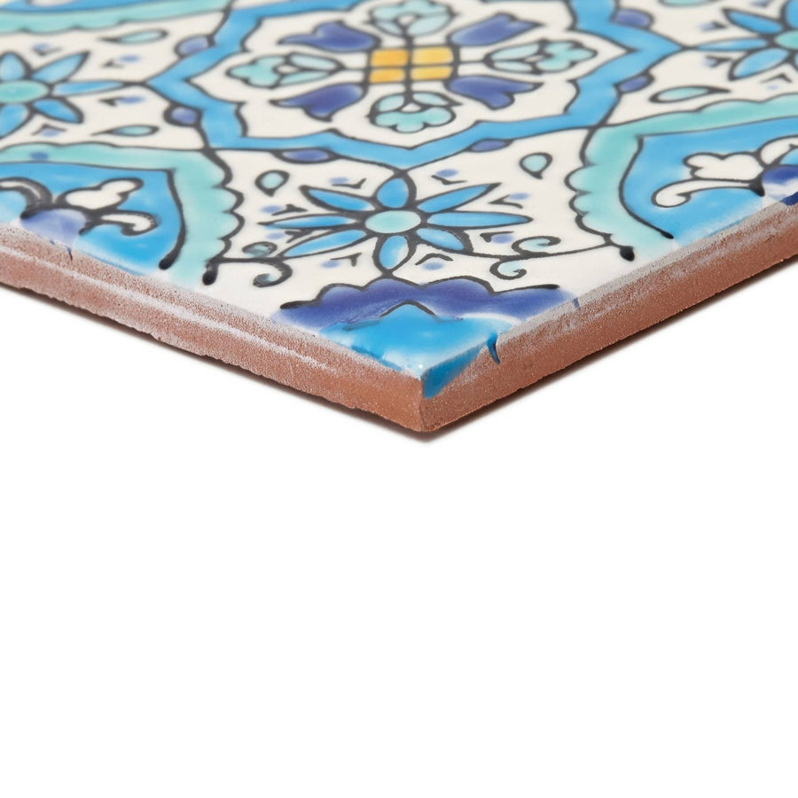 Andalucia belmez patterned tile ceramic square with hand painted blue white turquoise and cobalt floral design
