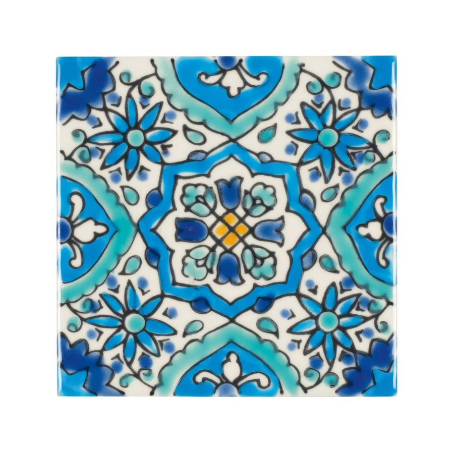 Andalucia Belmez patterned tile ceramic square with intricate blue and turquoise floral hand-painted designs on white background