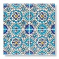 Blue and turquoise patterned ceramic wall tiles with intricate floral designs from Andalucia Belmez patterned tile collection