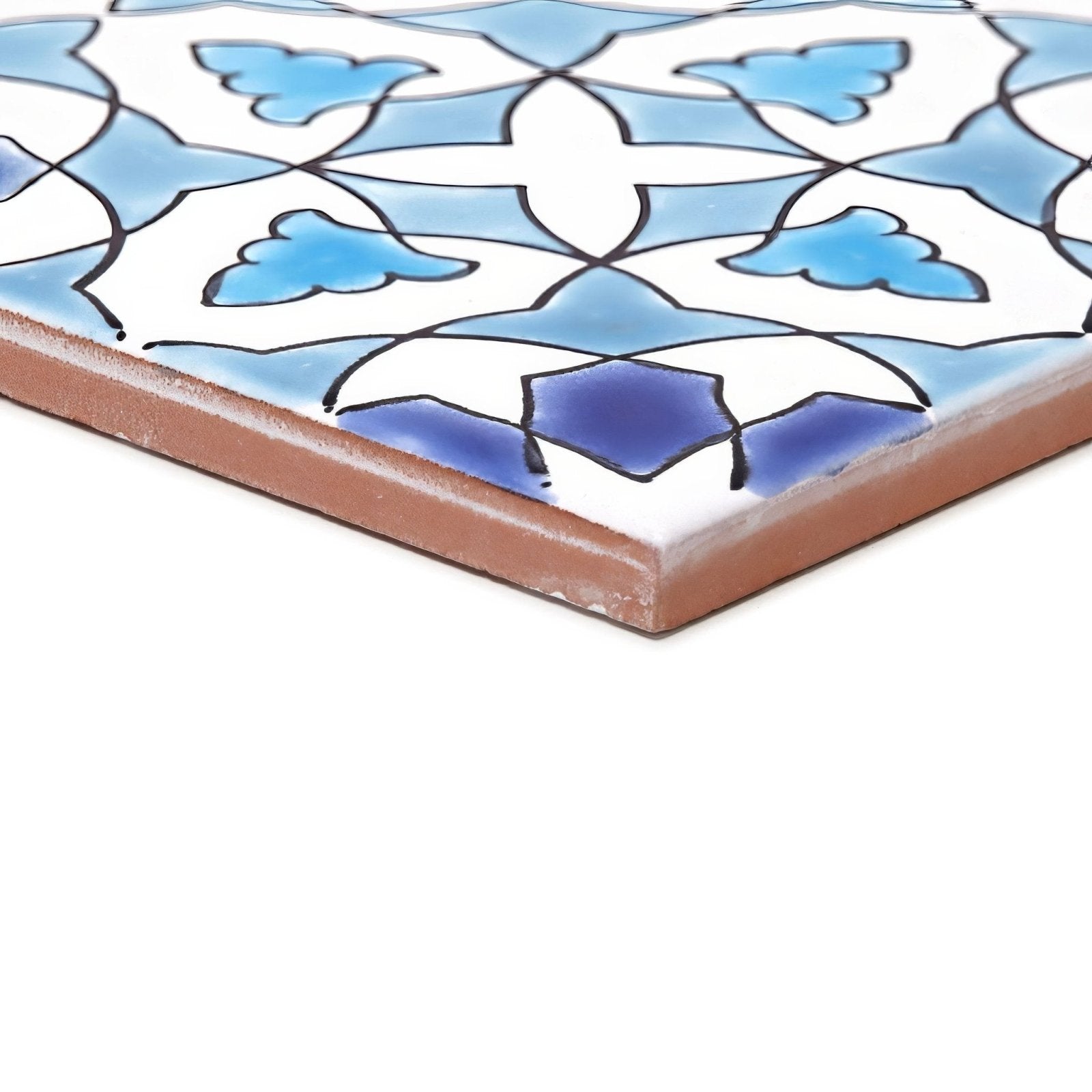 Andalucia bodegas 20 x 20 patterned tile with blue and white ceramic and intricate black floral designs