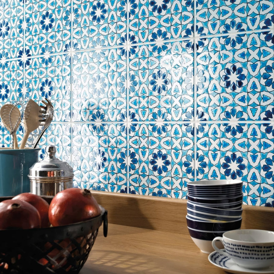 Andalucia bodegas 20 x 20 patterned tile with blue and white ceramic geometric designs for decorative use