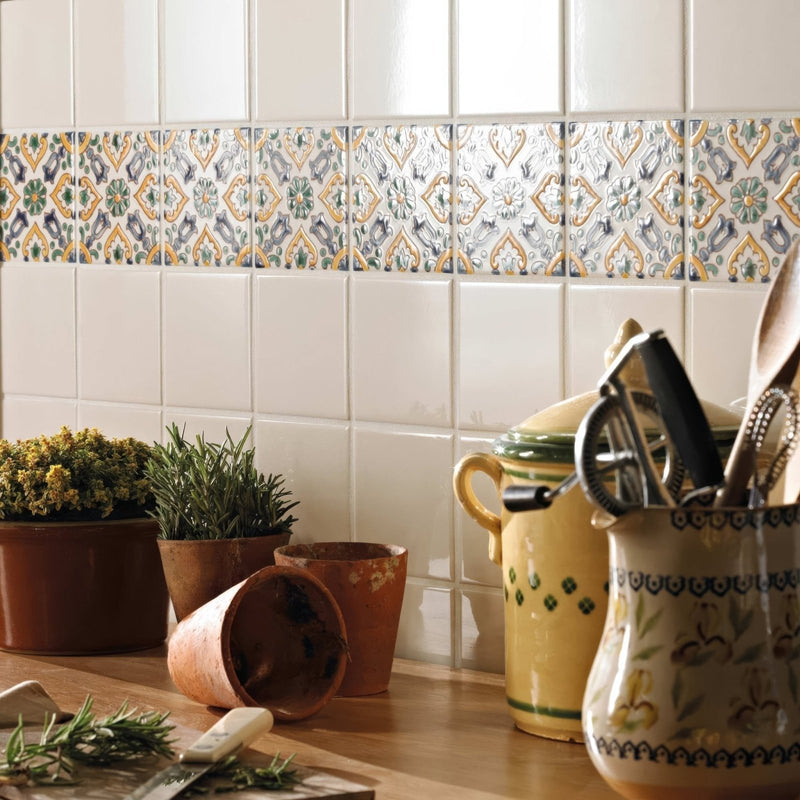 Andalucia cream glazed tile patterned ceramic border with intricate floral and geometric designs in muted greens yellows and grays