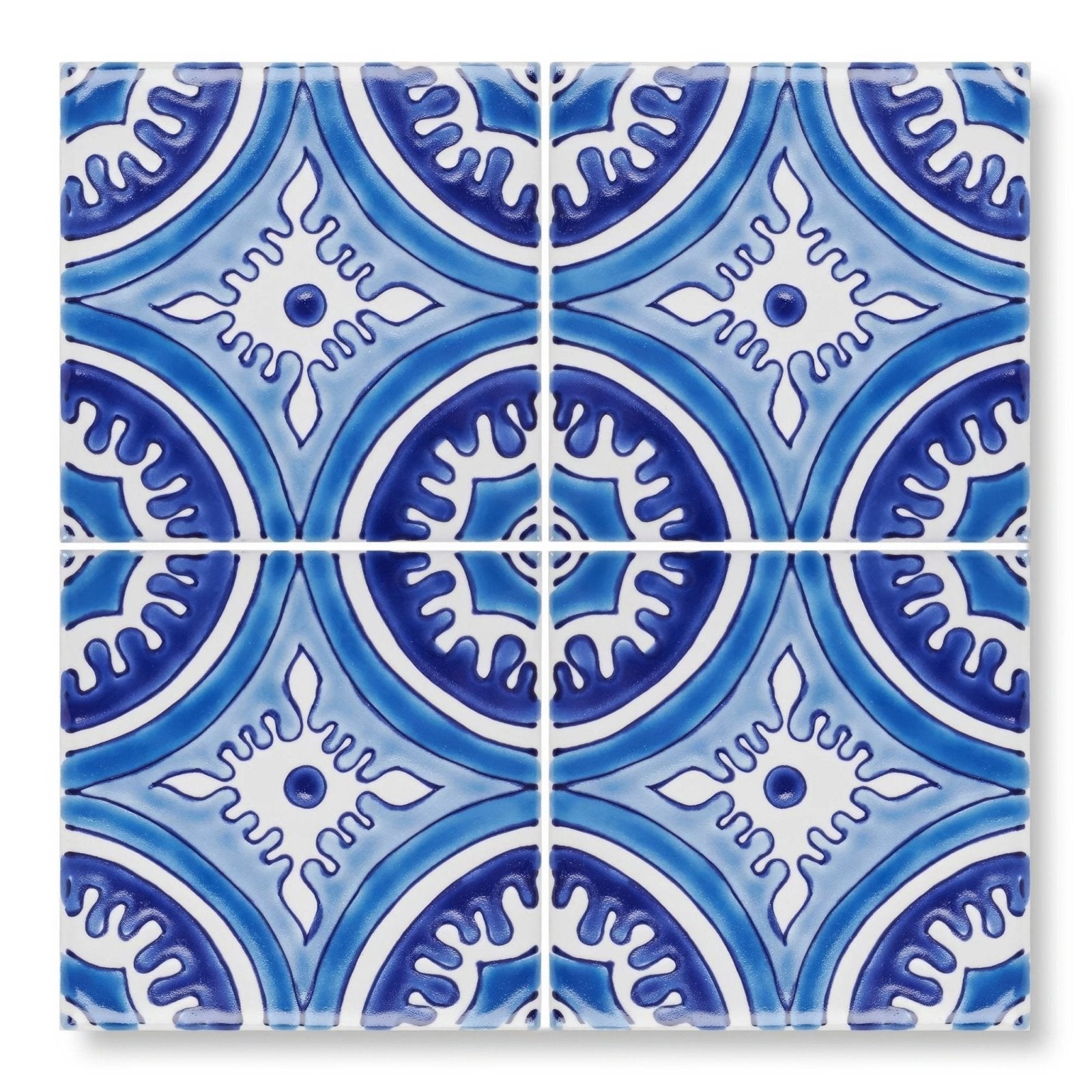 Andalucia hacienda blue and white ceramic tiles with intricate symmetrical patterned design for decorative use
