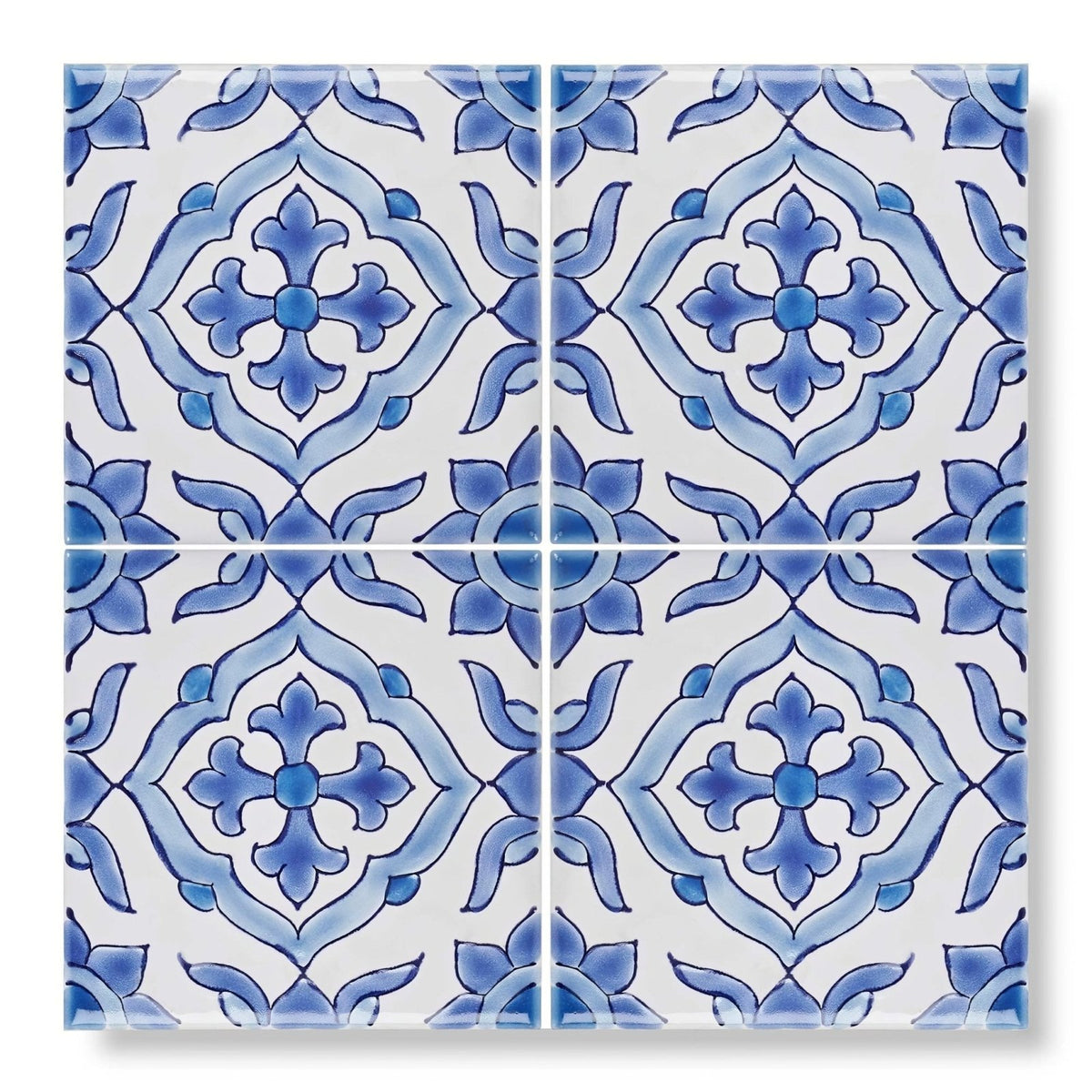 Blue and white ceramic patterned tile with intricate symmetrical floral design from andalucia jerez collection