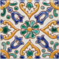 A square ceramic andalucia medina patterned tile with vibrant blue green yellow and brown floral and geometric design