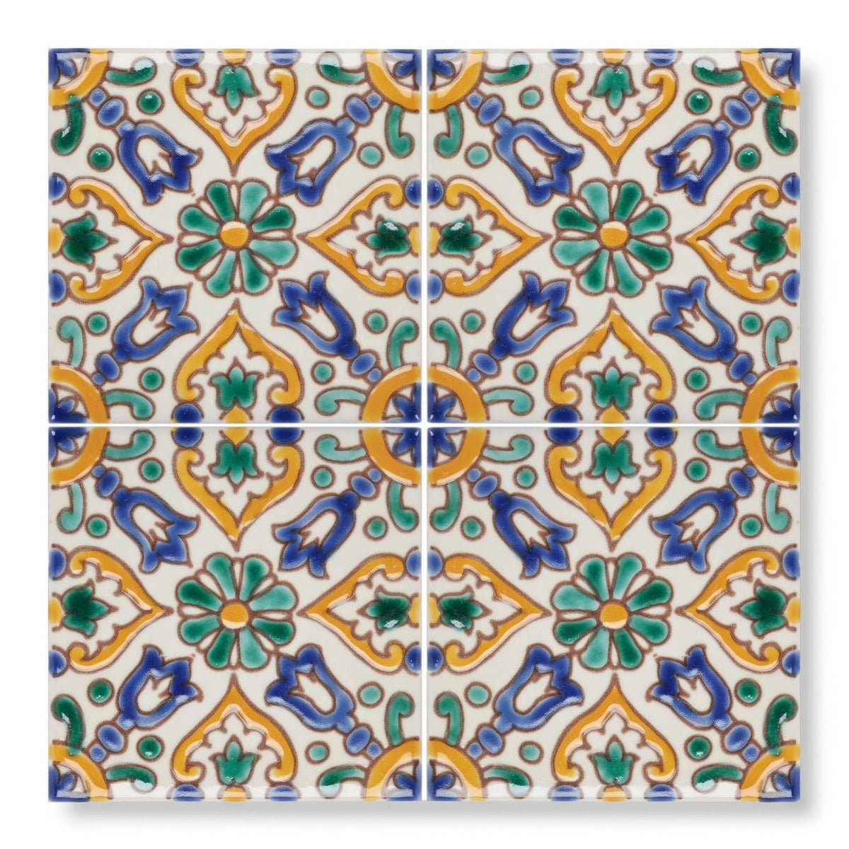 Four-by-four ceramic tile set with vibrant blue green and yellow floral and geometric patterns on cream background
