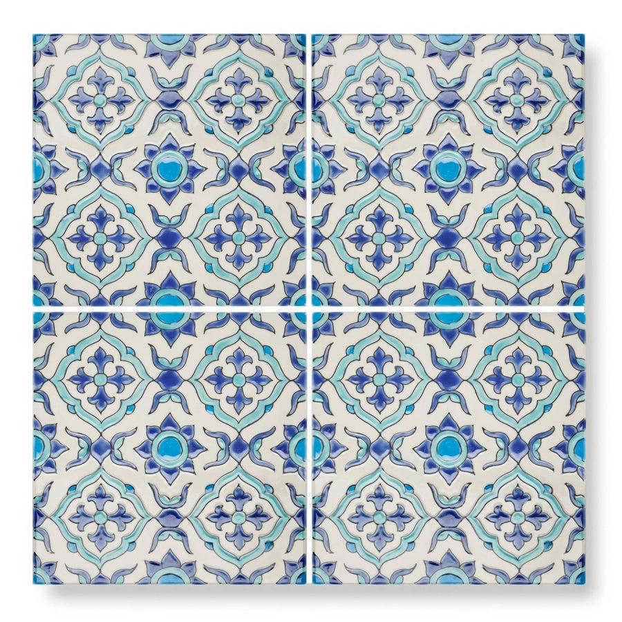 Andalucia morena 20 x 20 patterned ceramic tile with blue and turquoise intricate floral designs