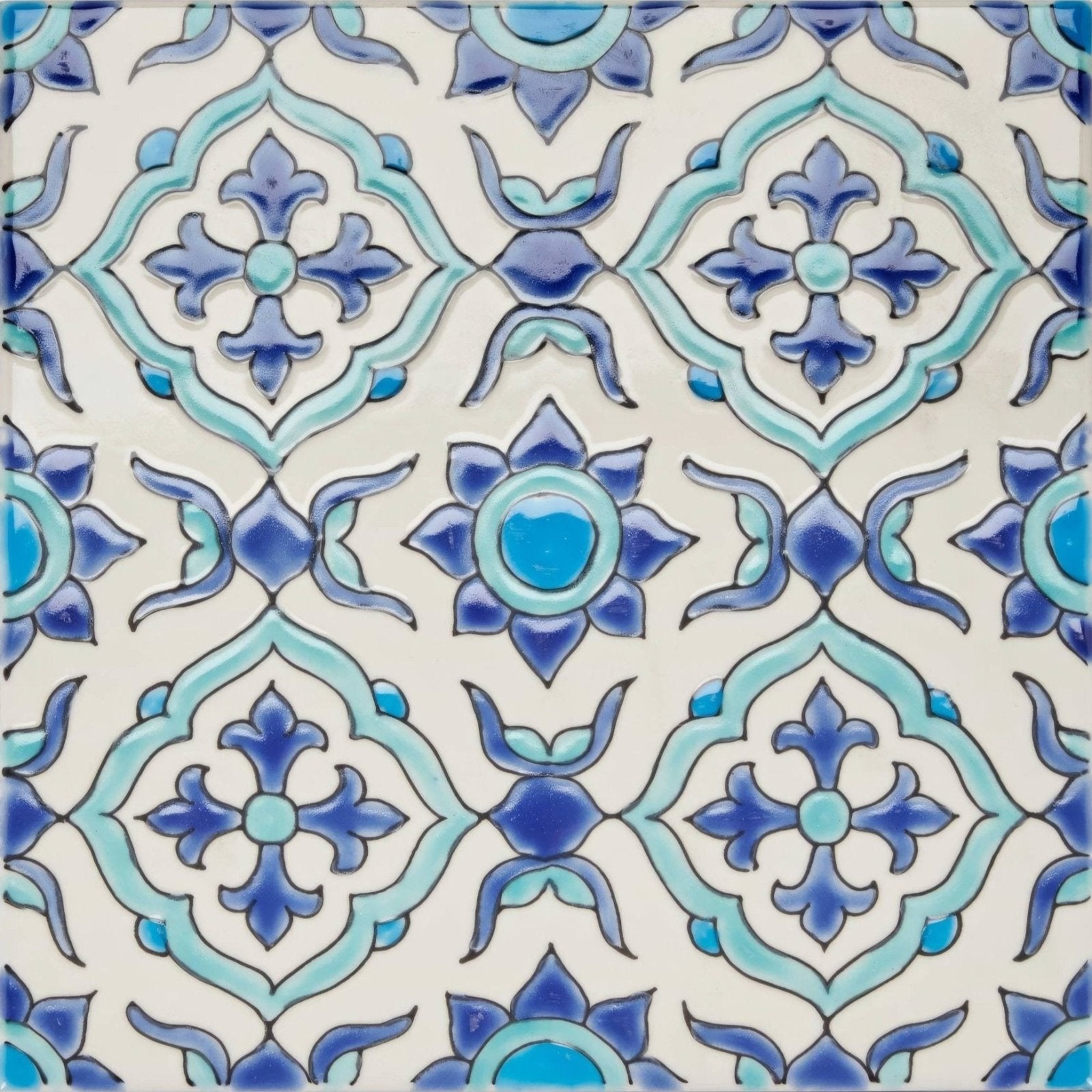 Andalucia Morena 20 x 20 patterned tile featuring blue and turquoise ceramic with intricate floral and geometric designs