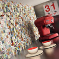 Andy 28.1 x 28.1cm colourful graphic mosaic styled in a kitchen with a red espresso machine