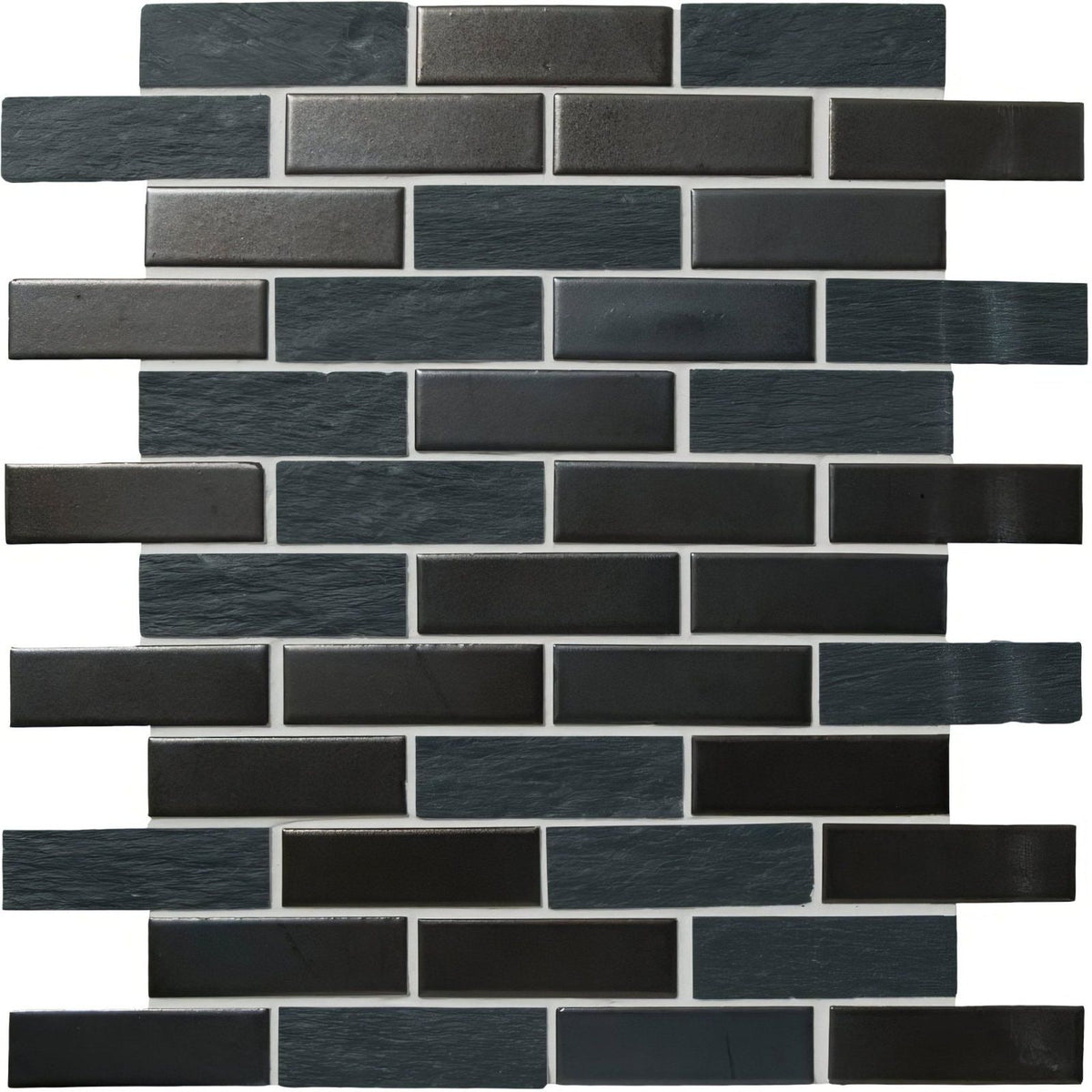 Angami mosaic dark gray and black rectangular glass tiles arranged in a staggered brick pattern