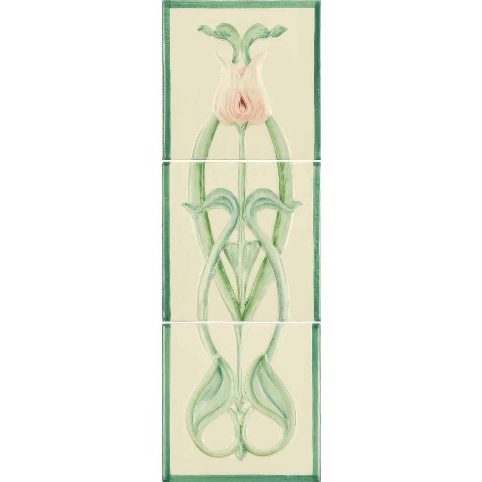 Cream-colored ceramic tile set with art nouveau pink tulip design framed in green on county white background