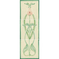 Cream-colored ceramic tile set with art nouveau pink tulip design framed in green on county white background
