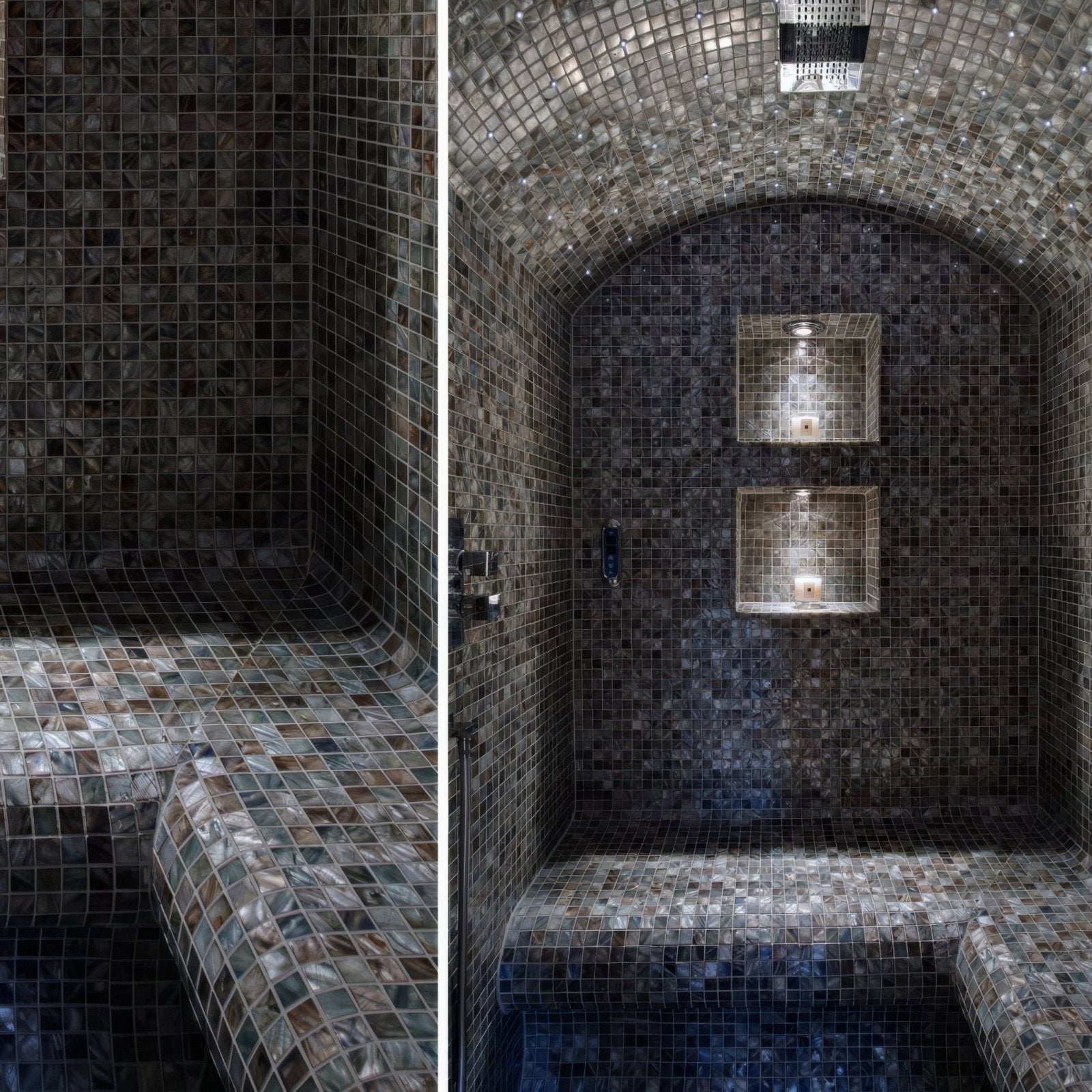 Luxurious arched sauna room with shimmering silver mosaic anthracite 25mm square tiles on walls and ceiling