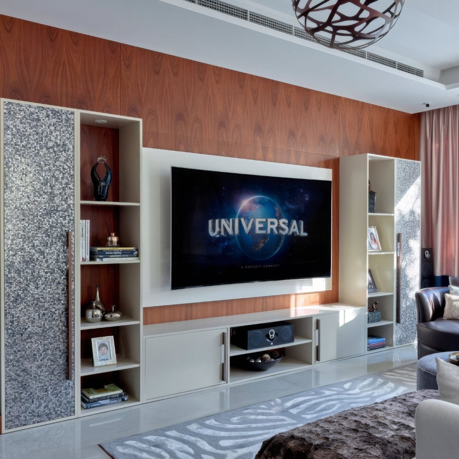 A sleek anthracite 25mm square flat-screen television displaying the universal pictures logo