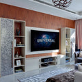 Anthracite 25mm Square dark blue and silver iridescent mosaic tiles behind a flat-screen television