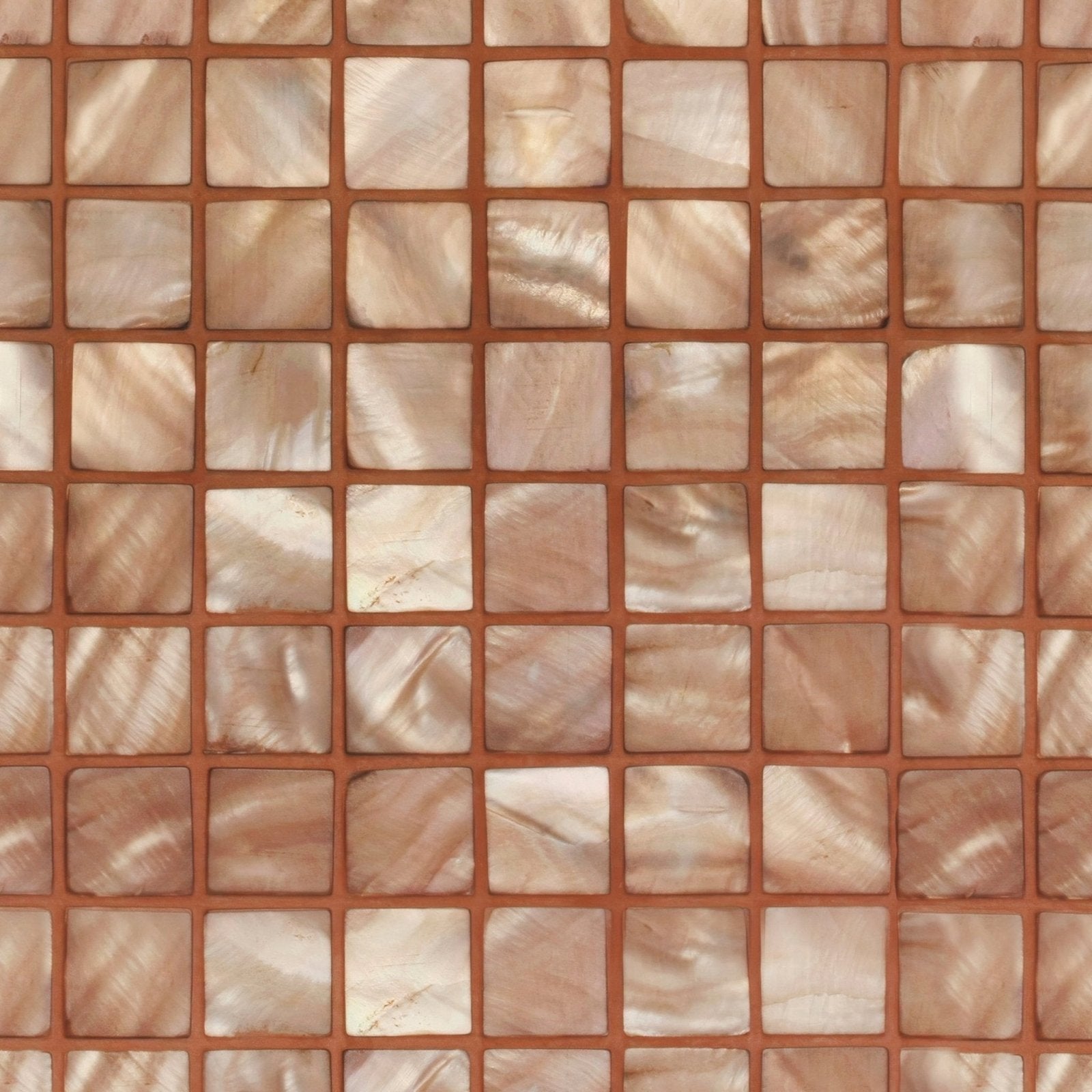 Antique brass 25mm square beige and cream iridescent mother of pearl mosaic tiles with subtle sheen and terracotta grout