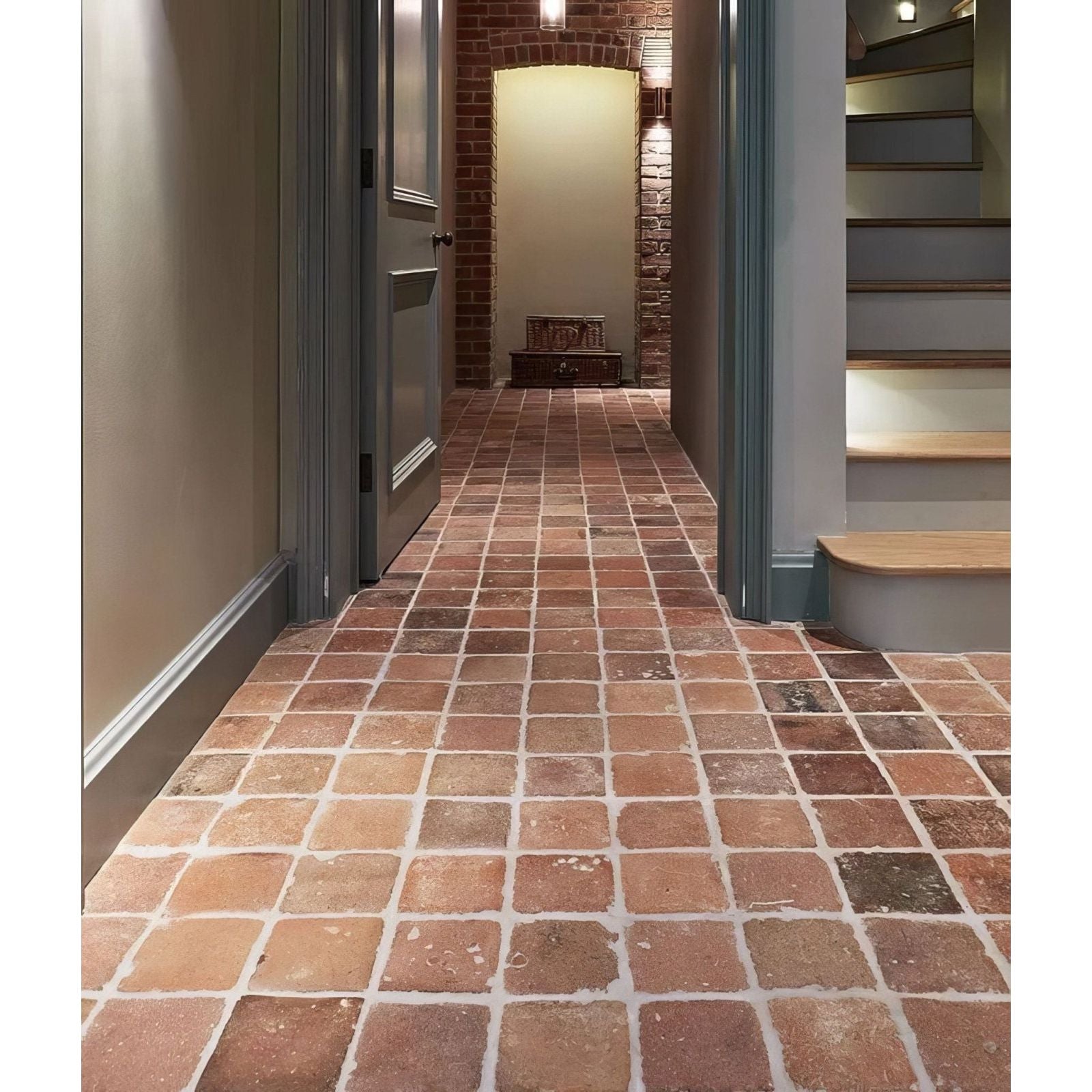 Antique burgundy terracotta reclaimed square floor tiles with a rustic slightly weathered terracotta finish