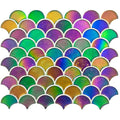 Aqua scale clear mosaic vibrant iridescent fish-scale tiles in greens purples blues and golds for decorative use