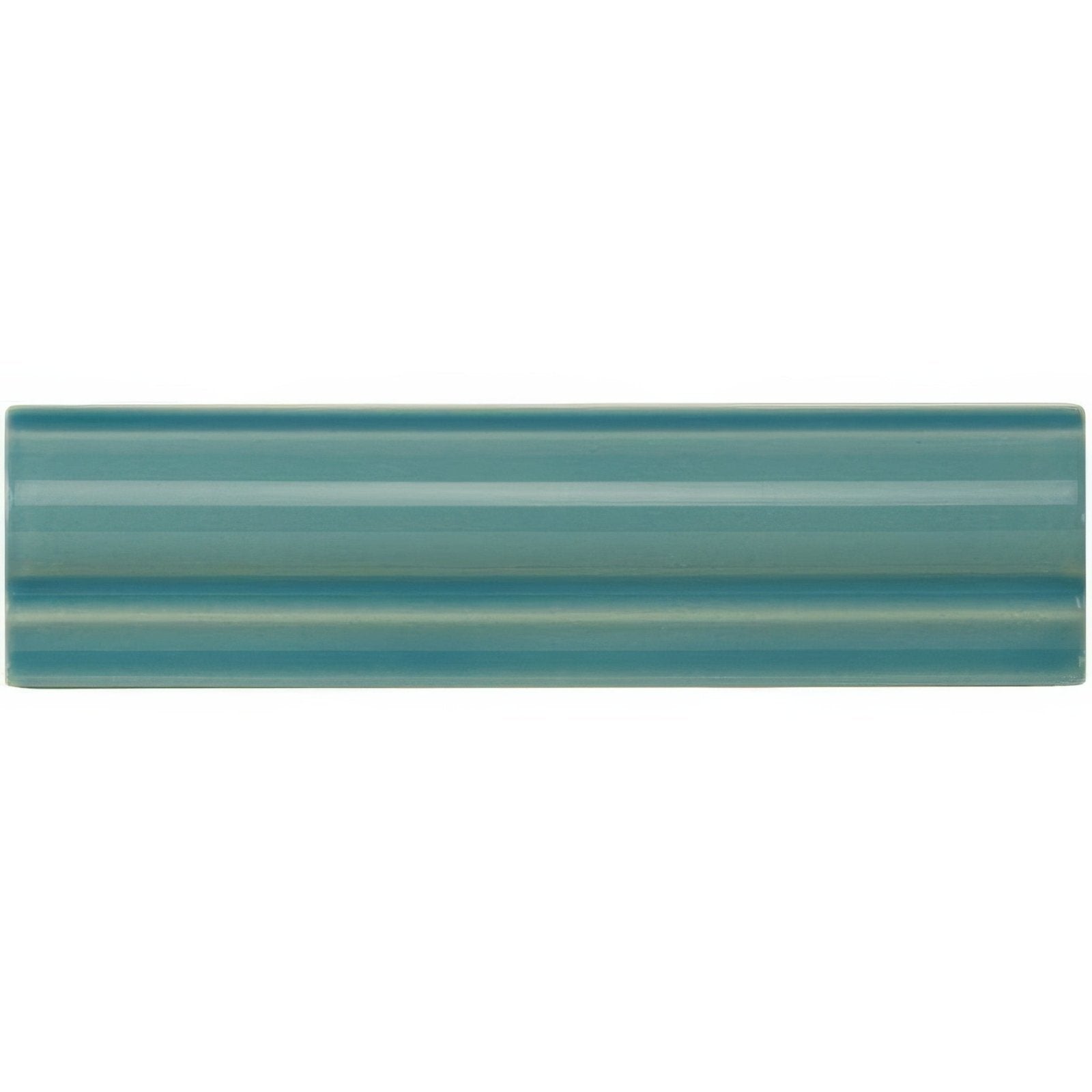 A rectangular aqua source albert moulding ceramic tile with glossy teal glaze and subtle horizontal ridges