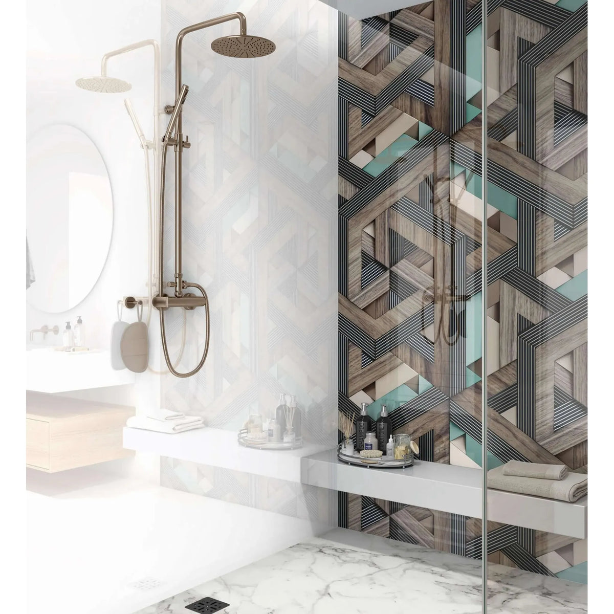 Geometric patterned aqua wooden strips 3d shower panel with wood-grain and teal accents in a modern design
