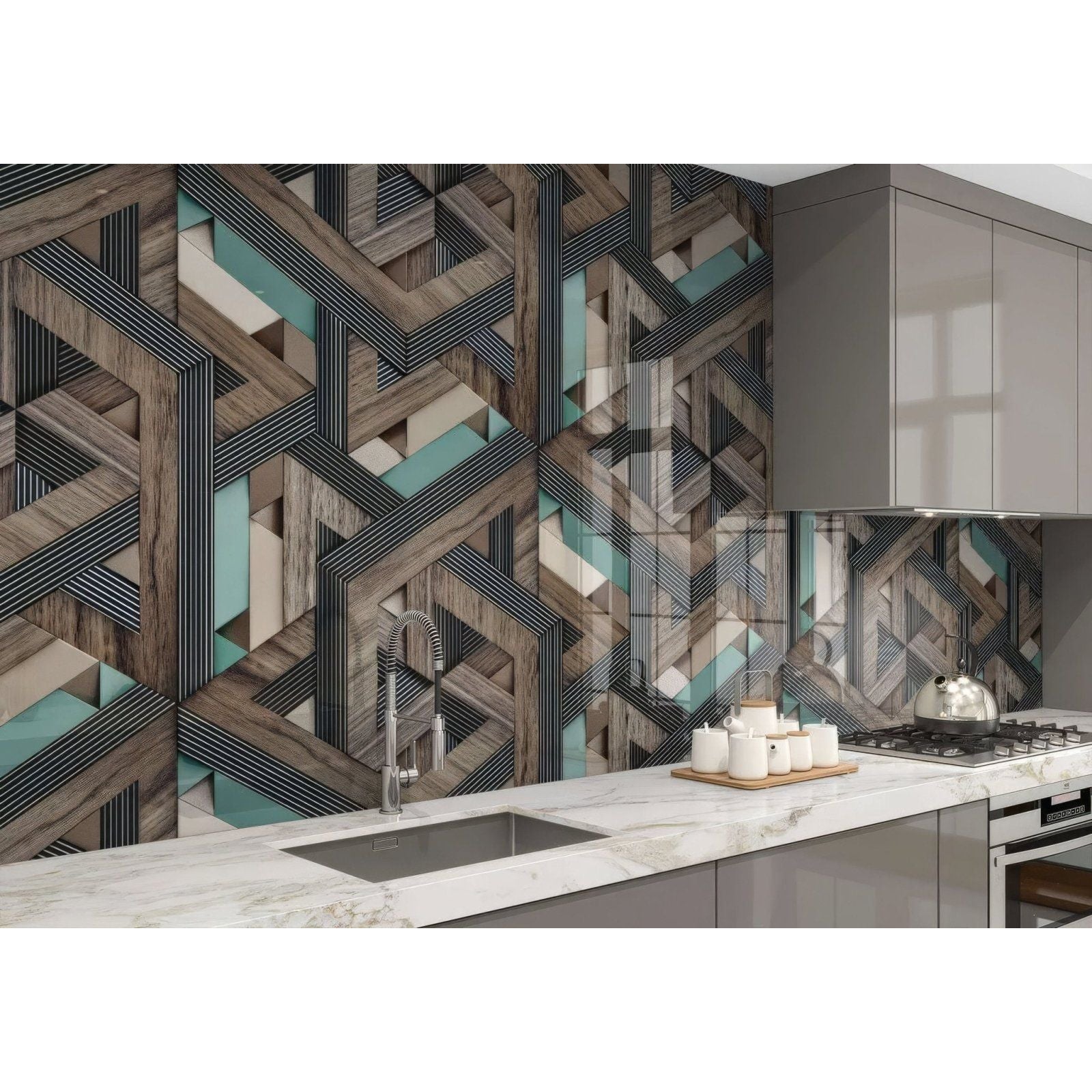 Aqua wooden strips 3d shower panel with geometric patterned backsplash tiles featuring wood-grain and teal accents