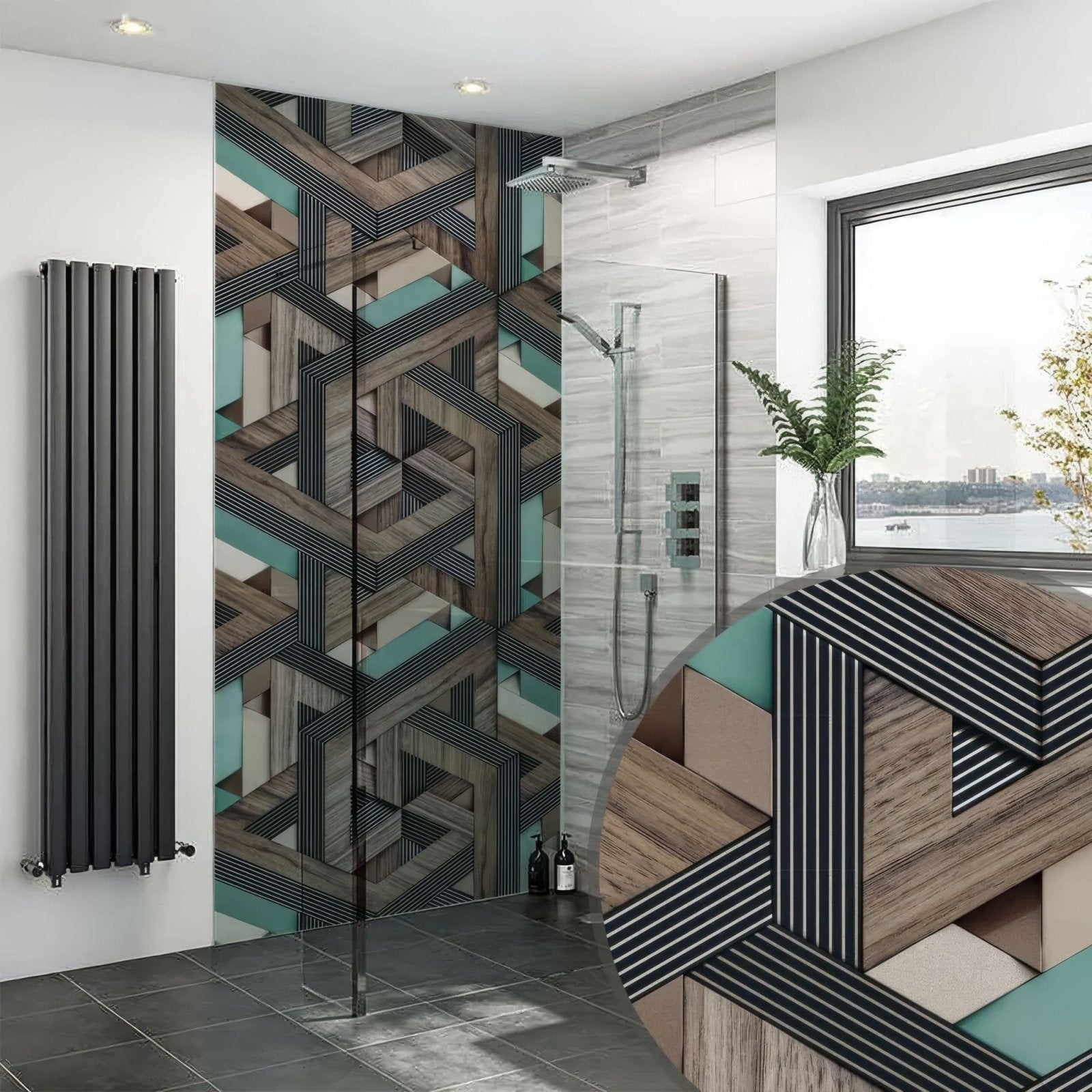 Aqua wooden strips 3d shower panel featuring geometric patterned wood grain teal and black striped wall tiles