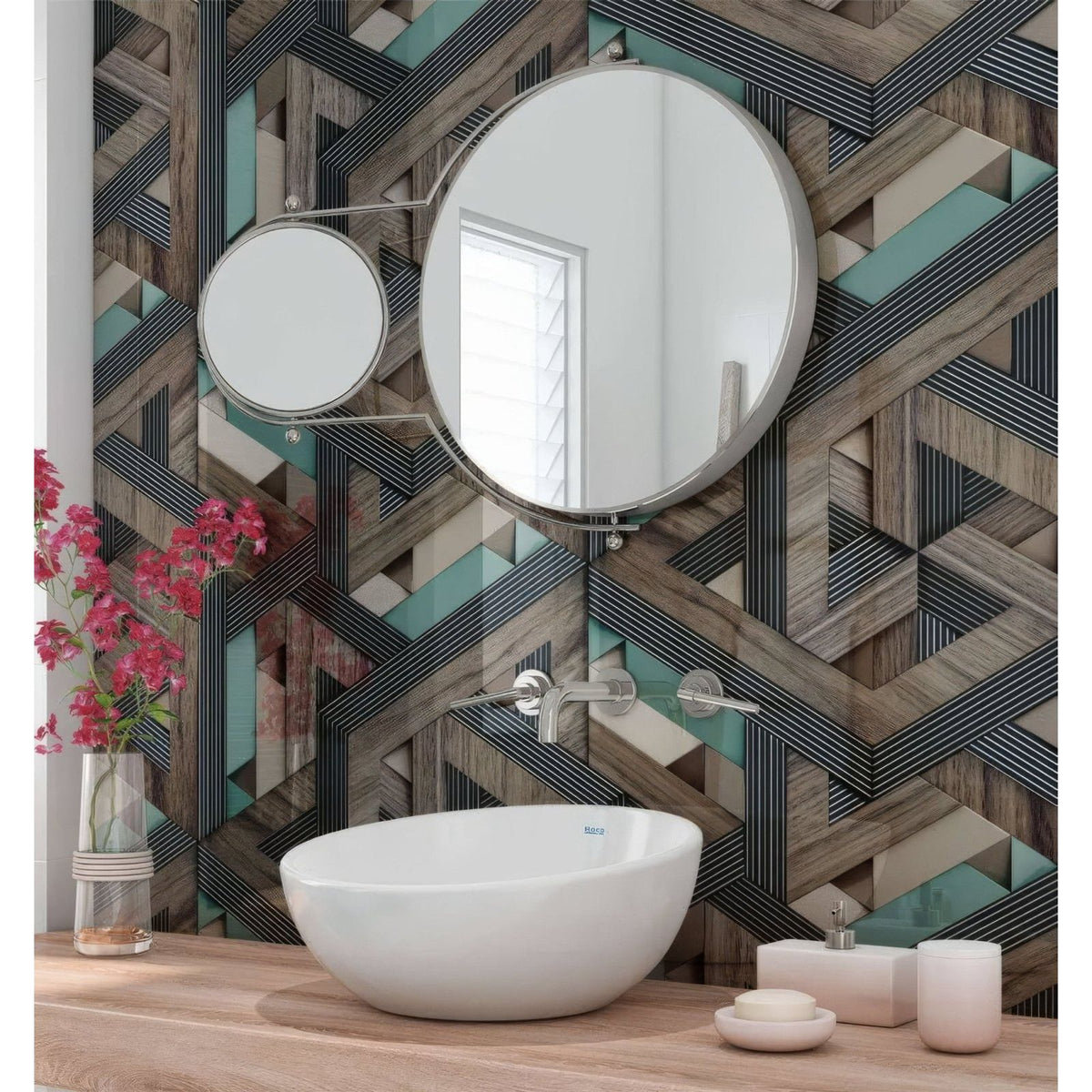 White ceramic vessel sink with sleek modern design paired with aqua wooden strips 3d shower panel
