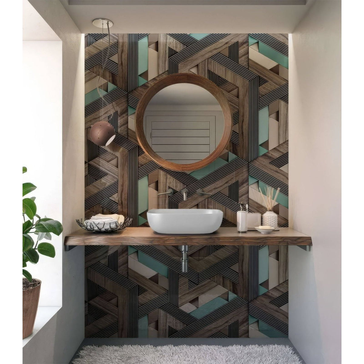Round wooden-framed mirror with natural wood finish and polished surface complementing aqua wooden strips 3d shower panel