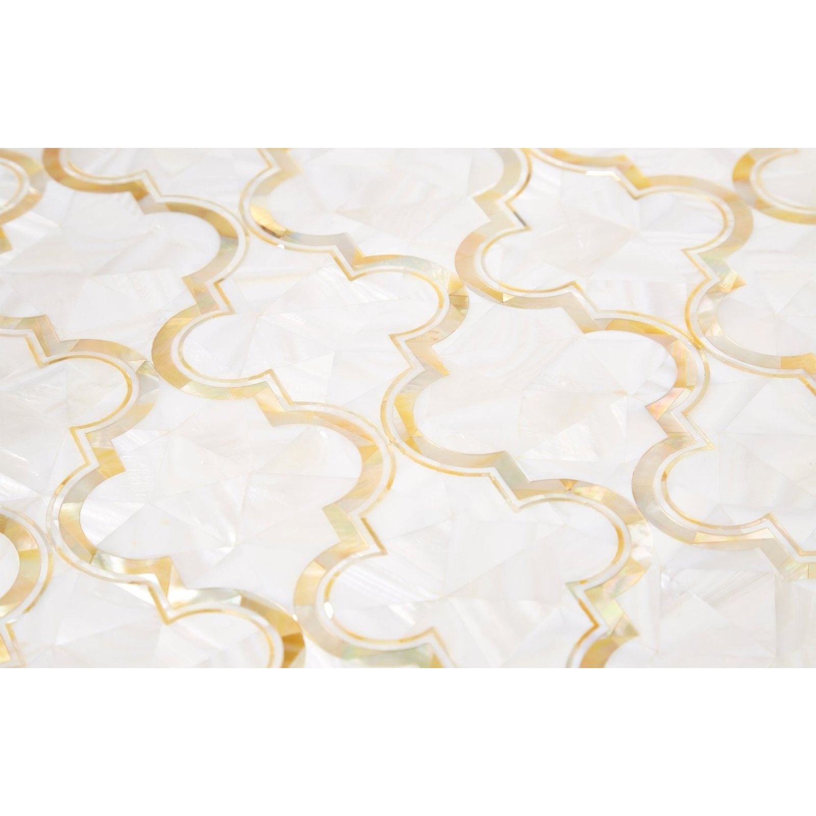 White and gold quatrefoil arabesque dream gold mosaic tile with glossy reflective surface for decorative use