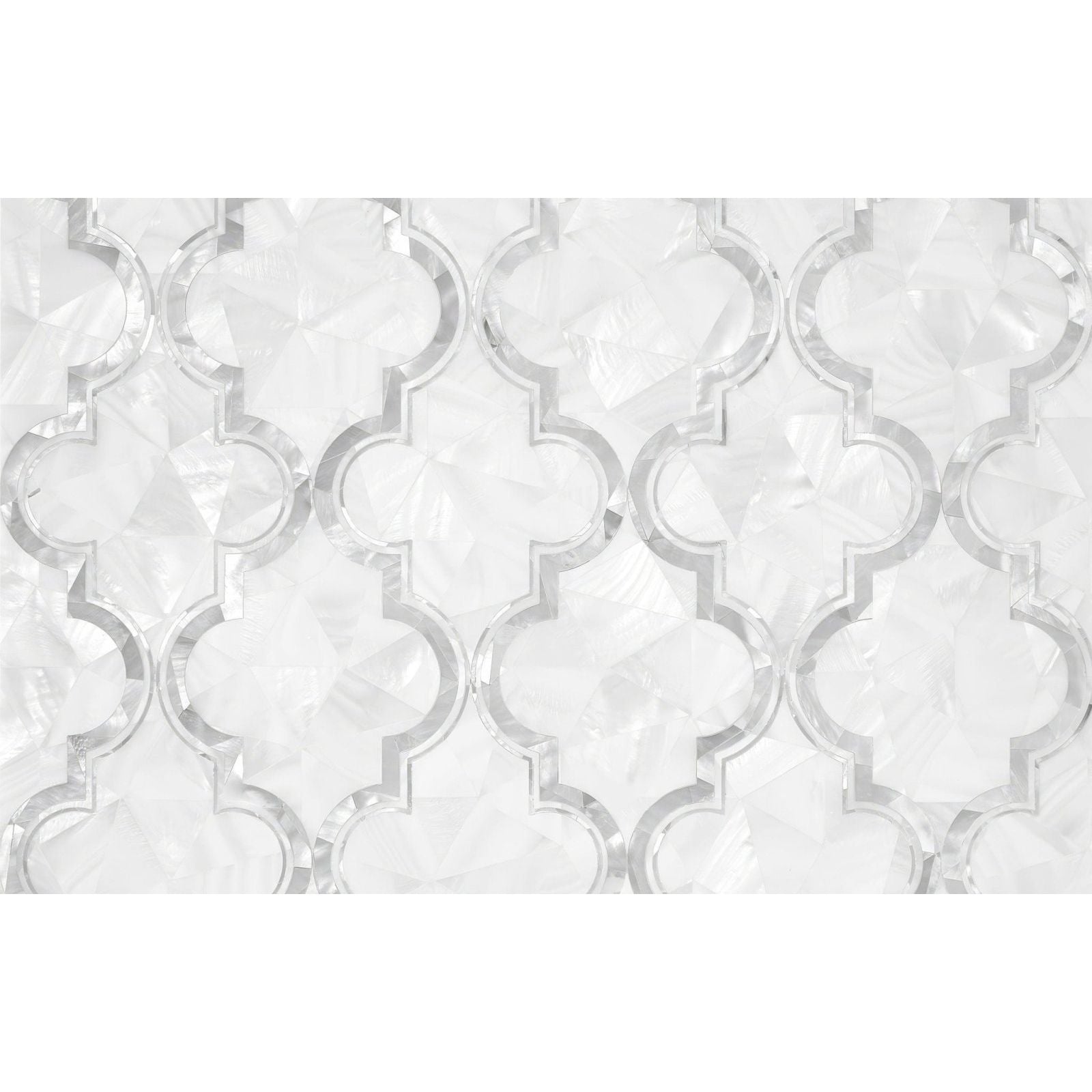 White mosaic tile arabesque dream silver with clear glass border forming an intricate quatrefoil pattern