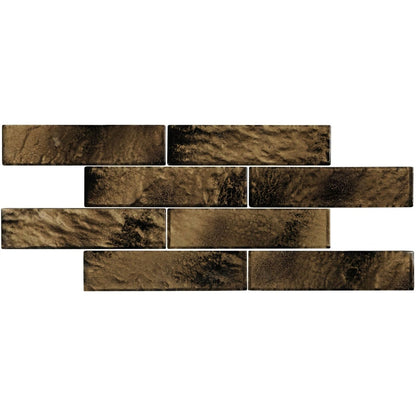 Brown textured rectangular tiles with rustic stone-like appearance in arabia brickbond mosaic design