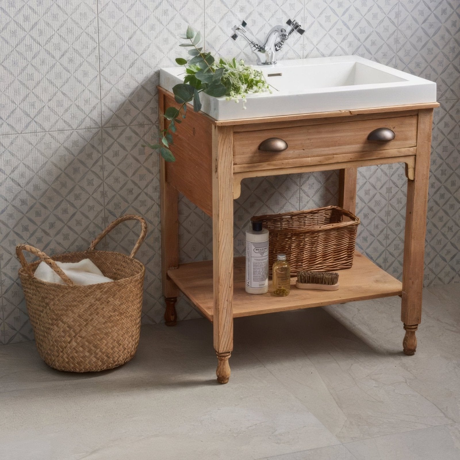 Light wood vanity with white ceramic sink and brass hardware arbour lattice 60x30cm bathroom furniture