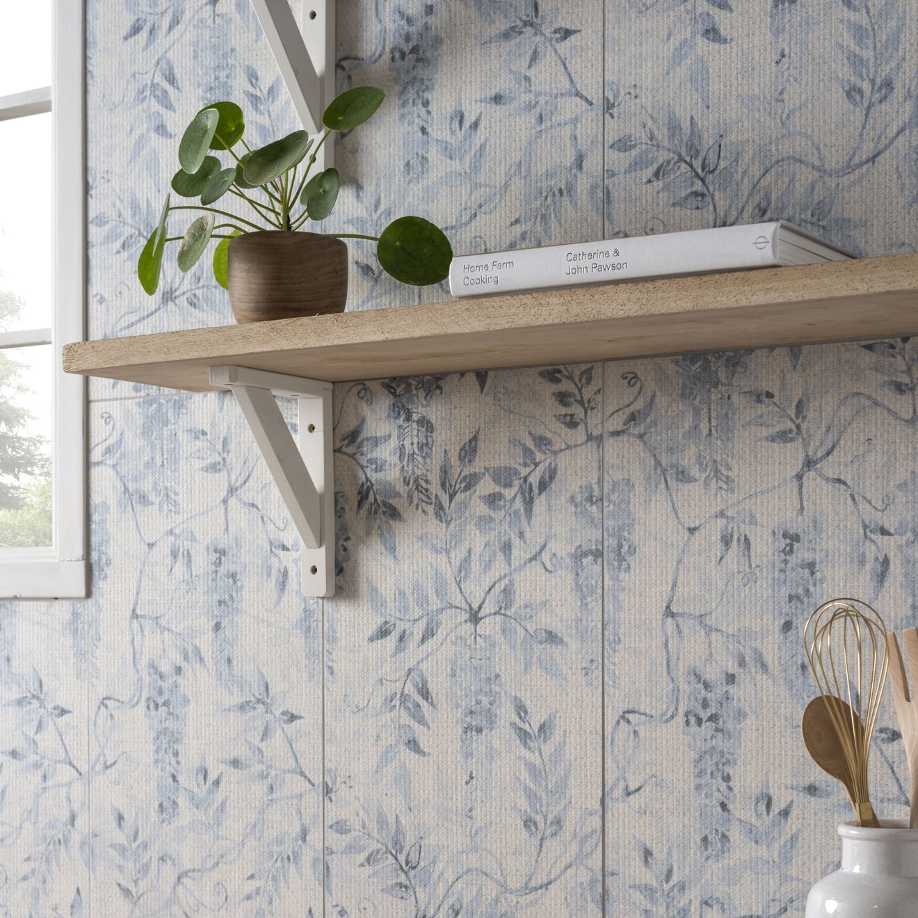 Arbour Wisteria 60x30cm rustic wooden shelf with natural finish supported by white metal brackets