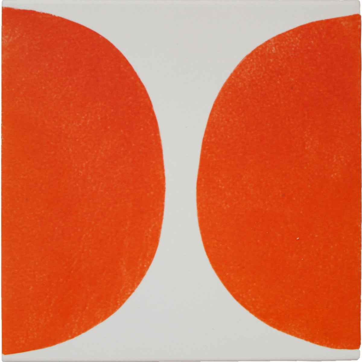 A square ceramic arc floor satsuma tile with two bold orange half-circles on a white background 15 x 15cm