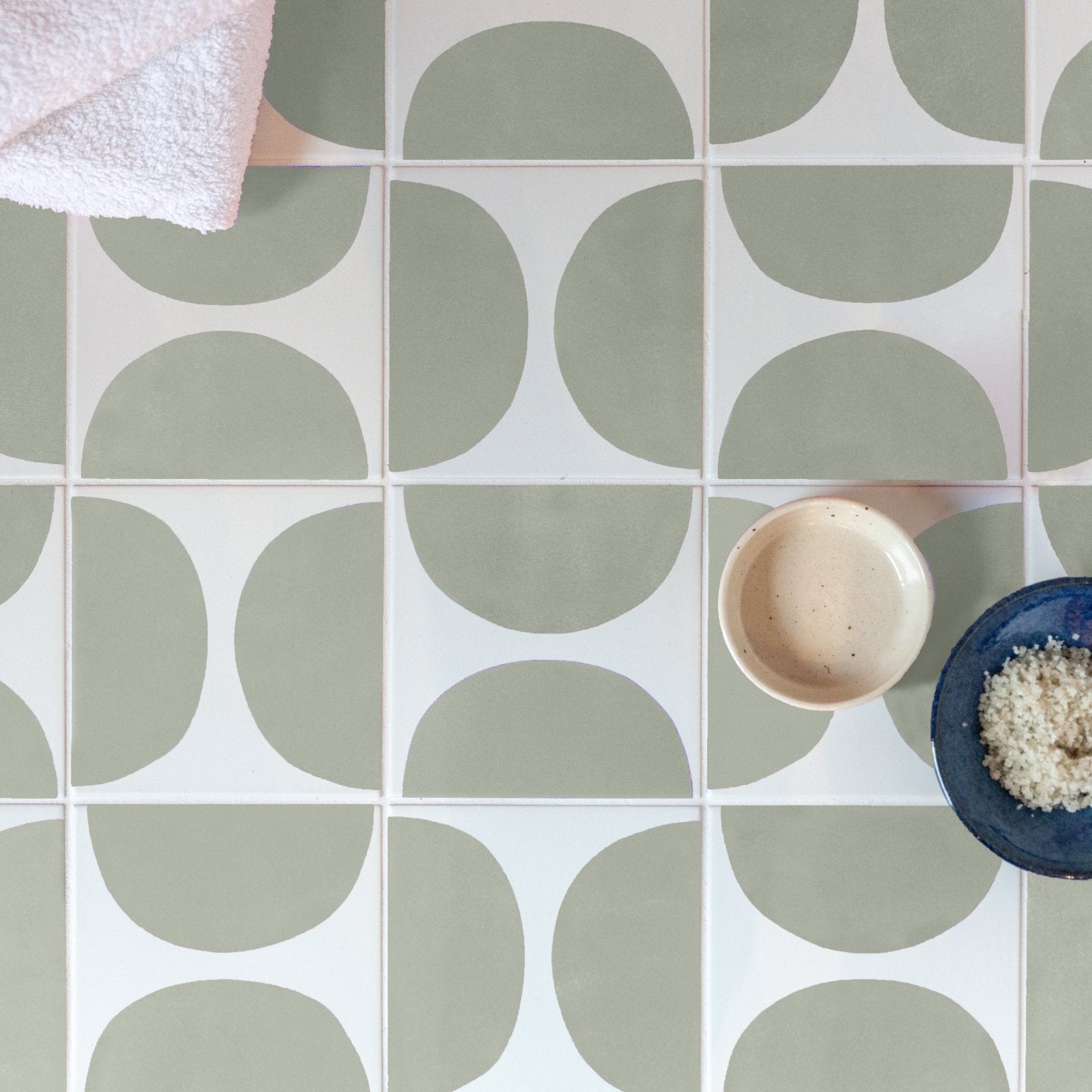 Arc floor willow 15 x 15cm tile floor with muted sage green semi circles on white geometric ceramic tiles