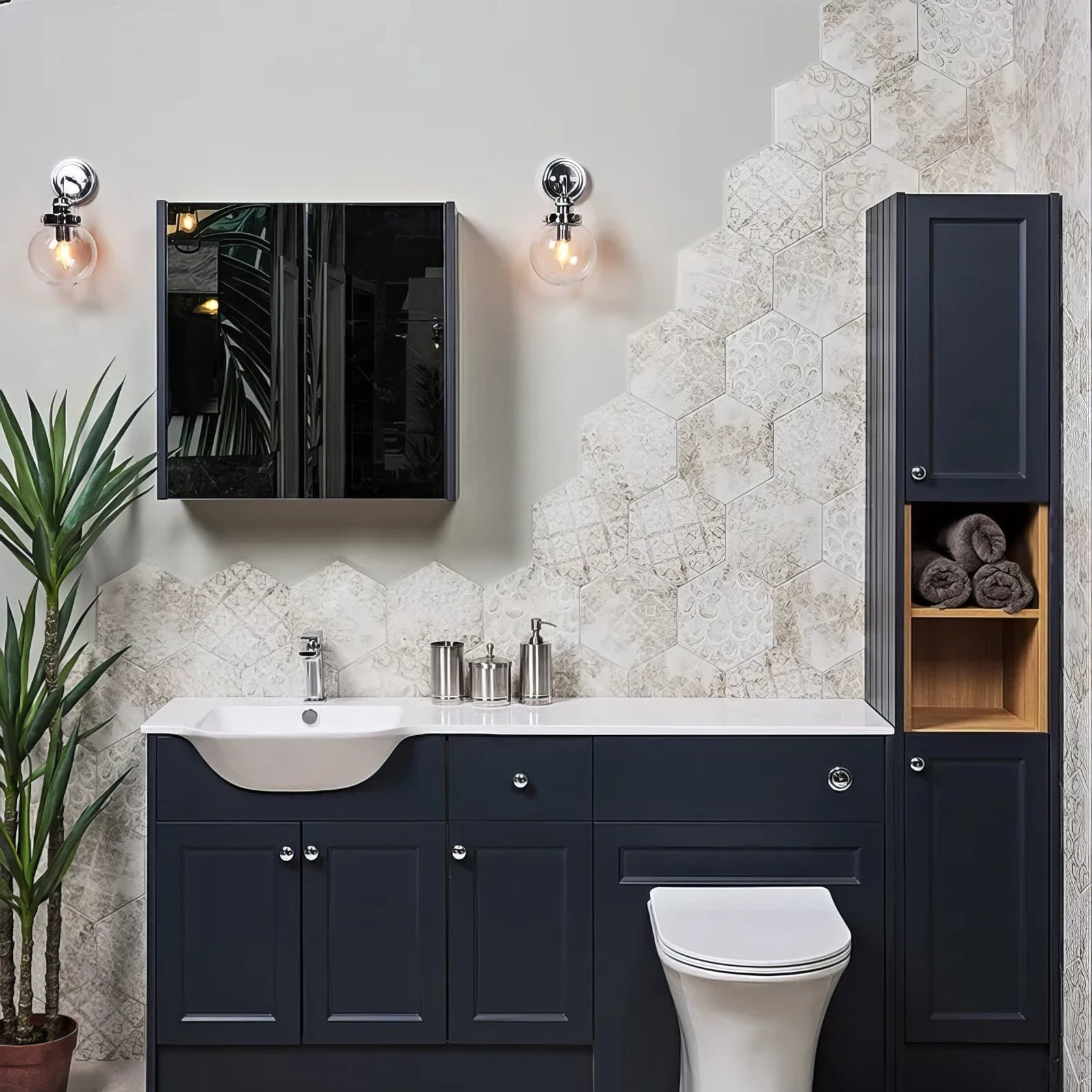 Dark blue bathroom vanity with white porcelain melange countertop and silver hardware accents for architectural elements