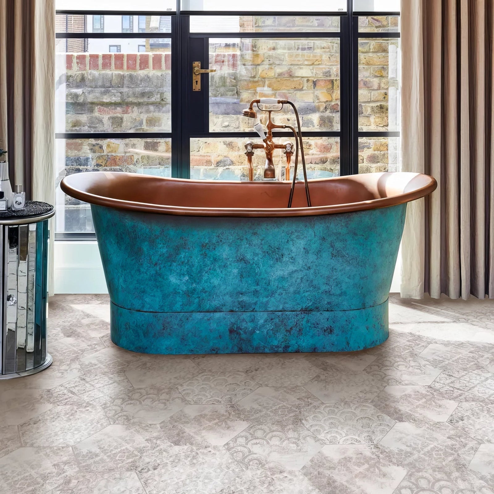Architectural elements porcelain melange vintage-style copper bathtub with vibrant turquoise patina and classic oval shape