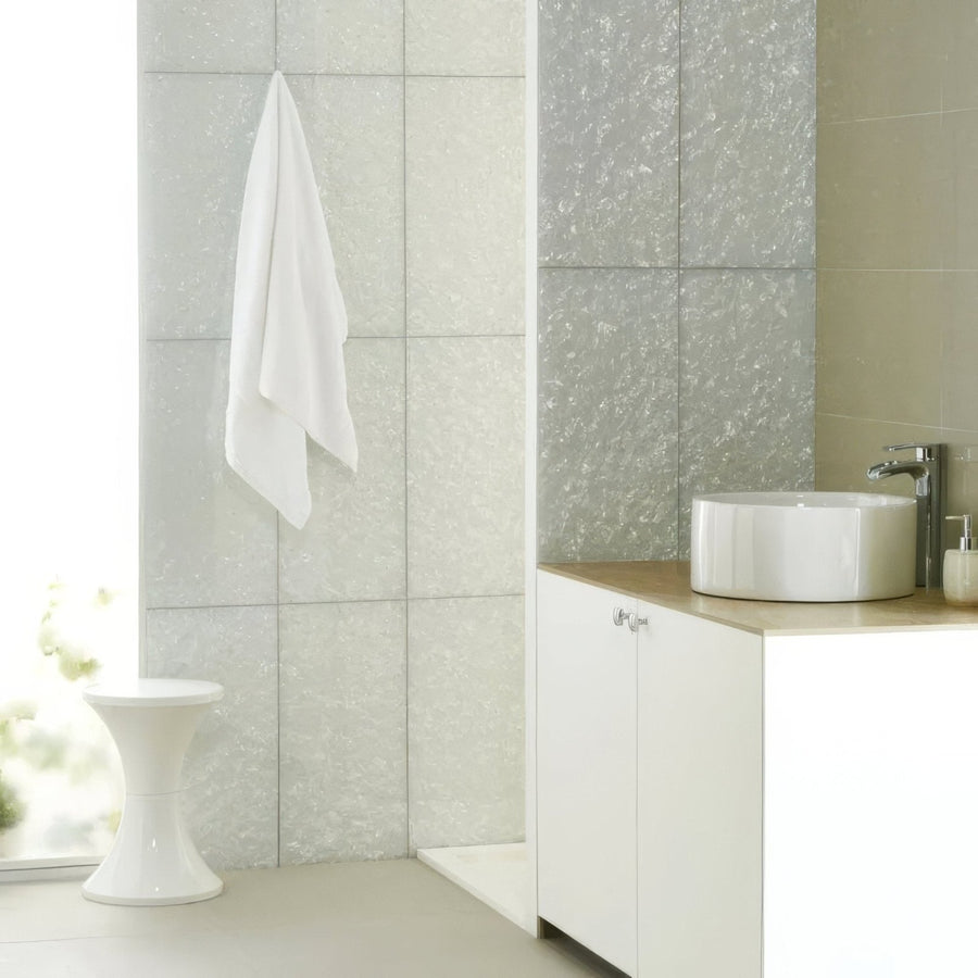 Arctic Crushed Pearl Decorative Glass in a bathroom setting