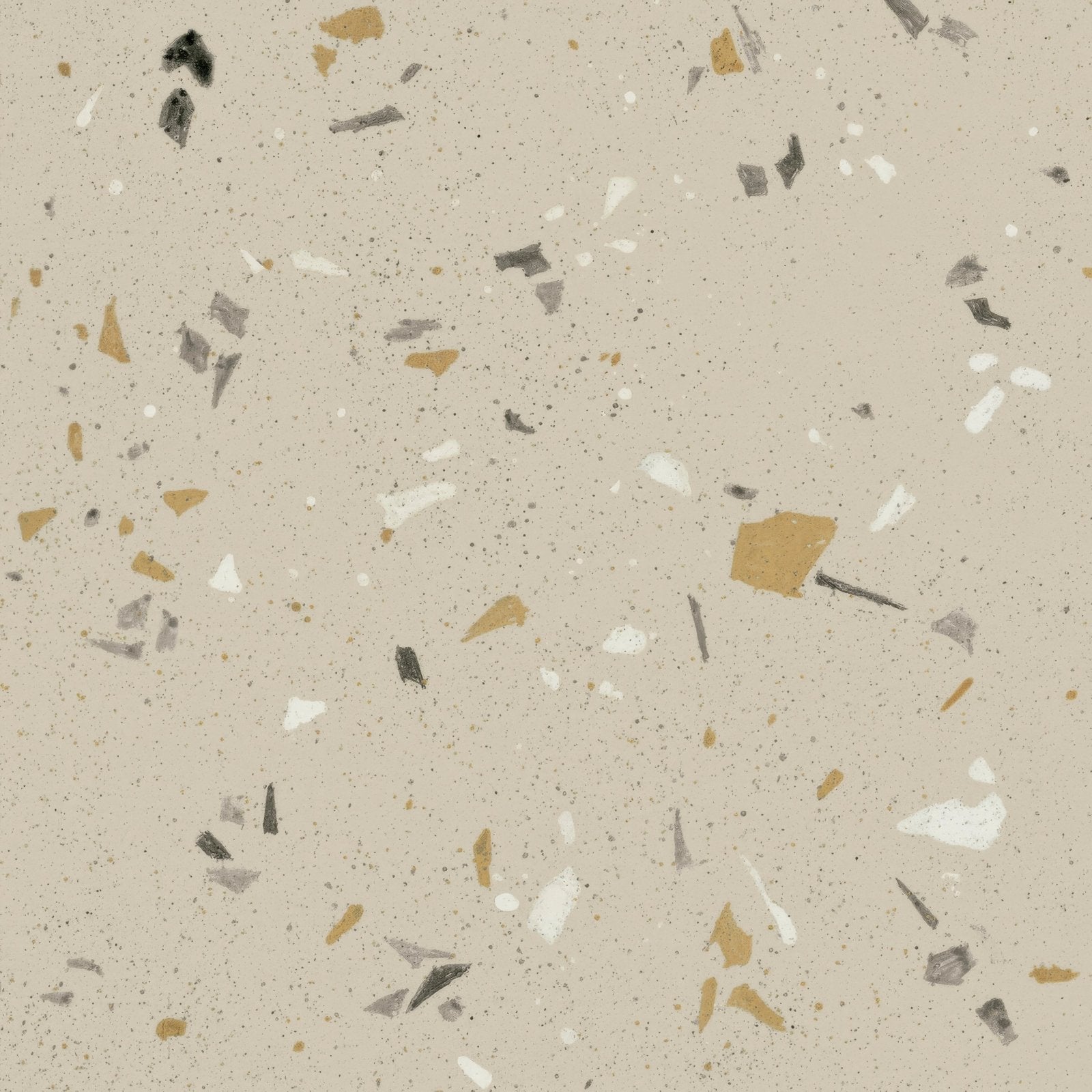 Beige terrazzo tile arena fragment 20x20cm with white gray black and gold scattered fragments surface