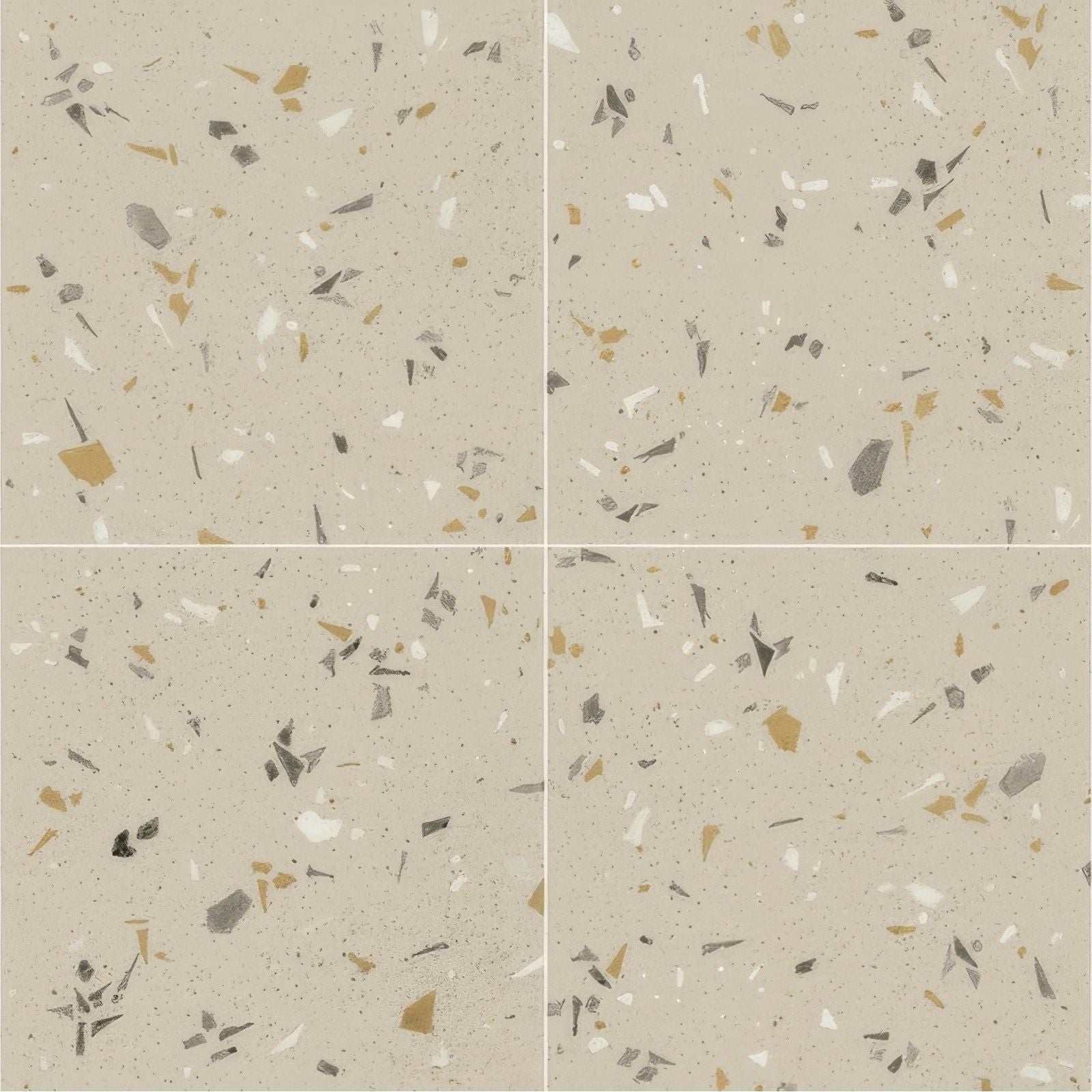 Beige terrazzo arena fragment 20x20cm tile with scattered gold white and gray stone fragments for flooring and walls