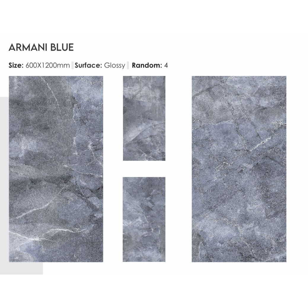 Glossy gray marble effect tiles from armani blue 60 x 120cm collection with random veining pattern