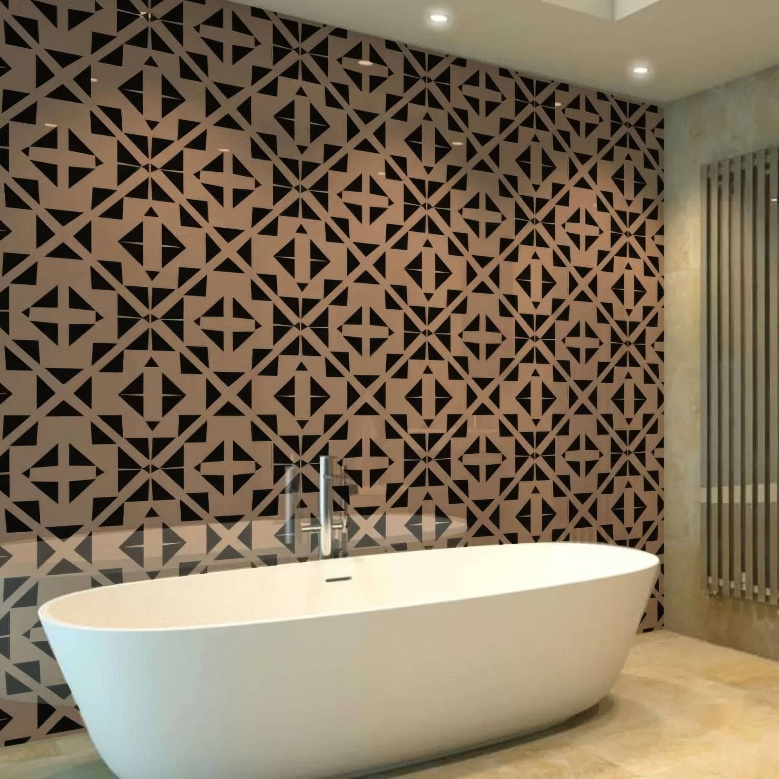 White freestanding bathtub with sleek modern design and smooth surface shown with art deco aztec black pink shower panel