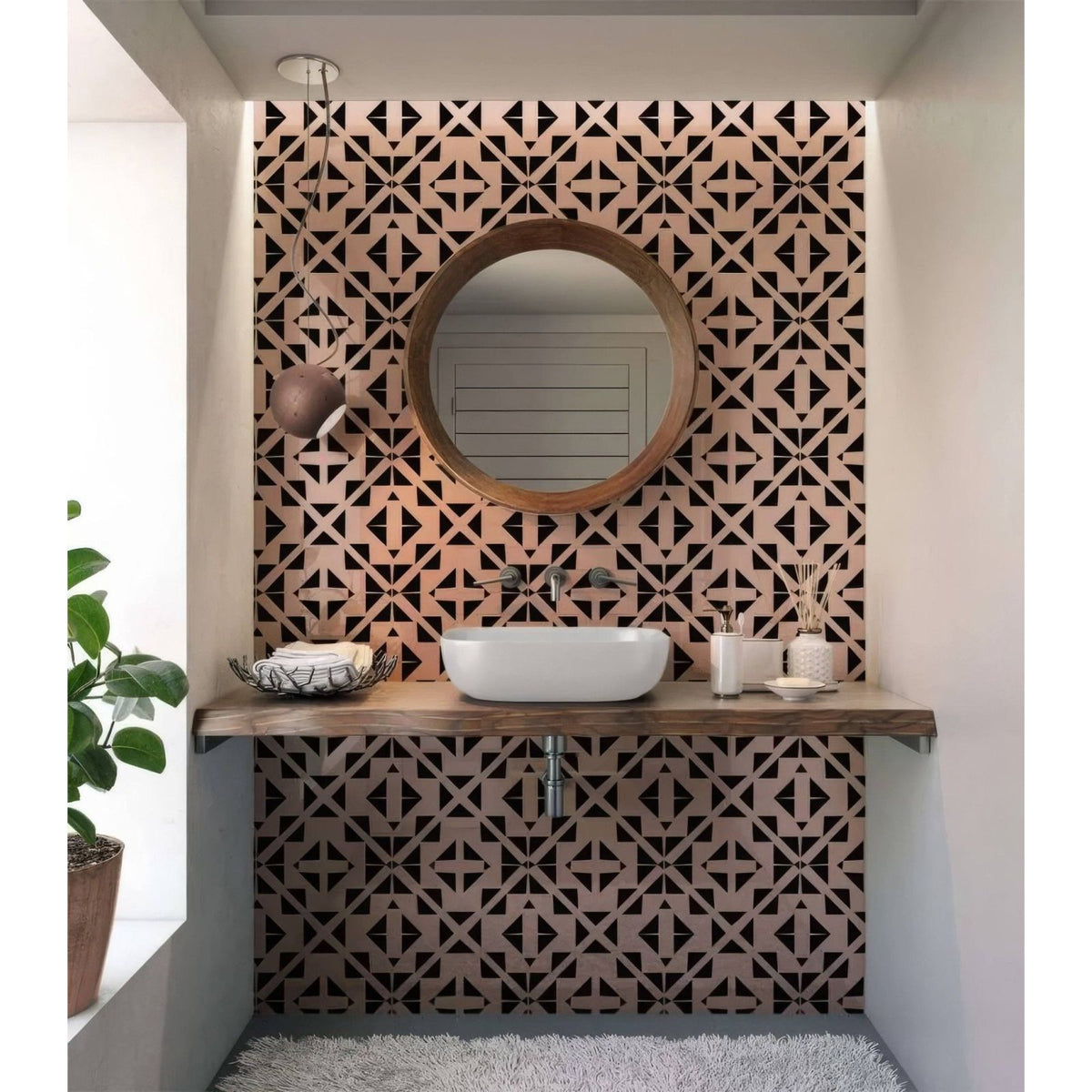 Round wooden-framed mirror with matte finish featured in art deco aztec black pink shower panel product design