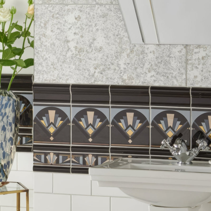 Art Deco Black Fan With Real Platinum and Gold on Black