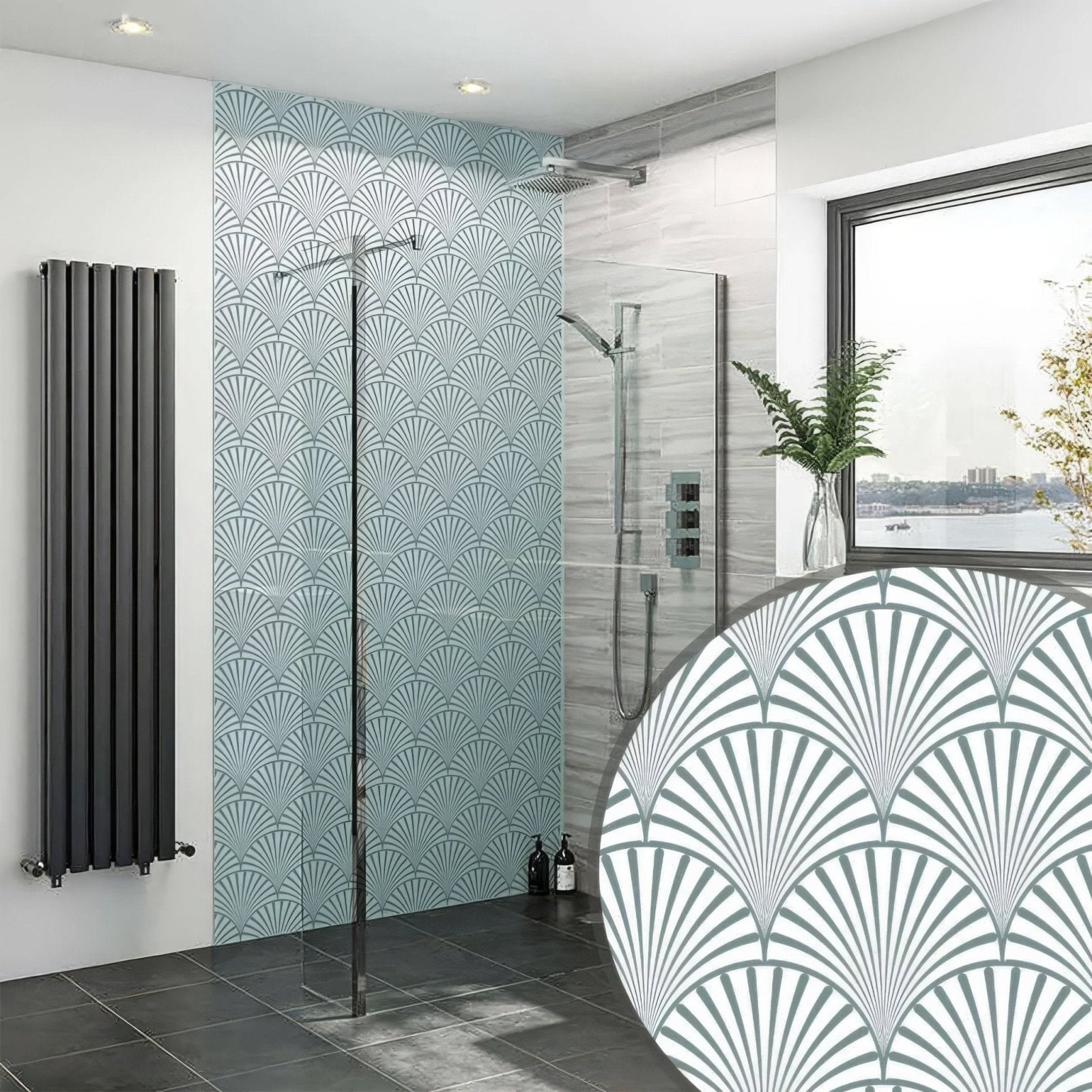 Art deco decorative fan shower panel with teal and white fan pattern for bathroom wall decoration
